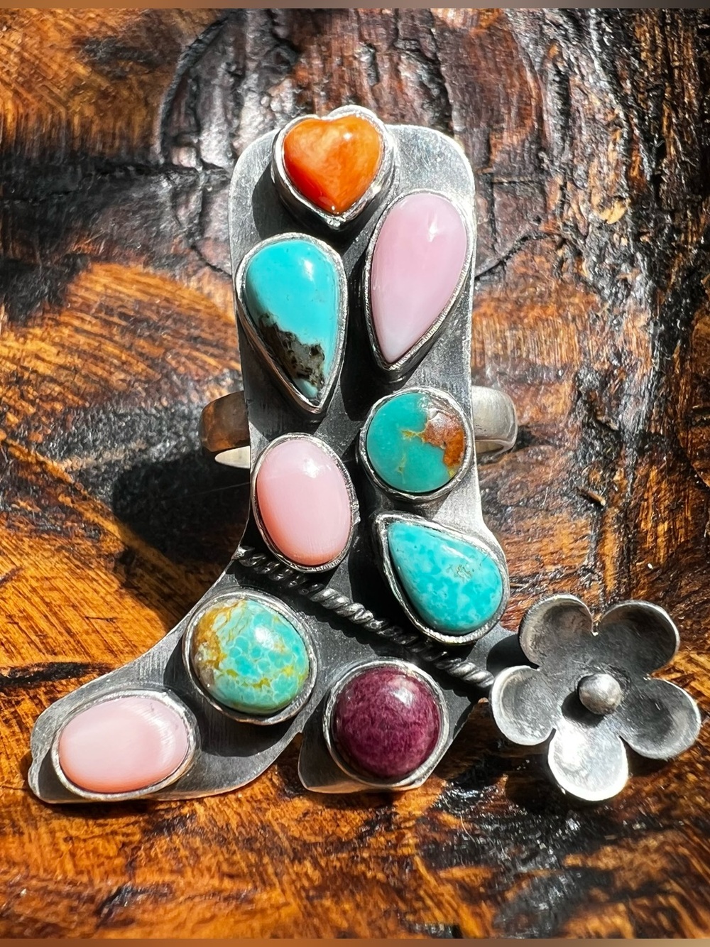 Sterling Silver Multi Stone Cowboy Boot Ring Turquoise Queen Conch Adjustable